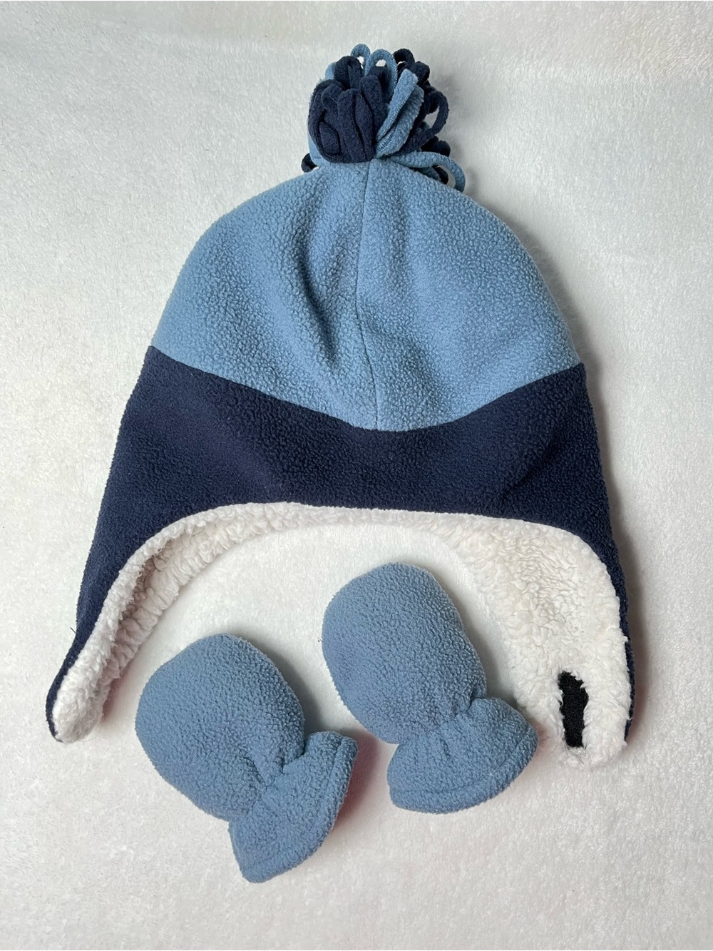 Kids Blue Two-Tone Fleece Earflap Hat with Mittens